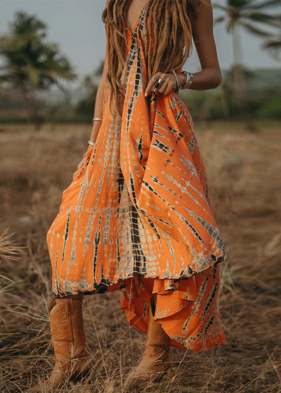 Bohemian Orange V Neck Print Chiffon Spaghetti Strap Dress Summer