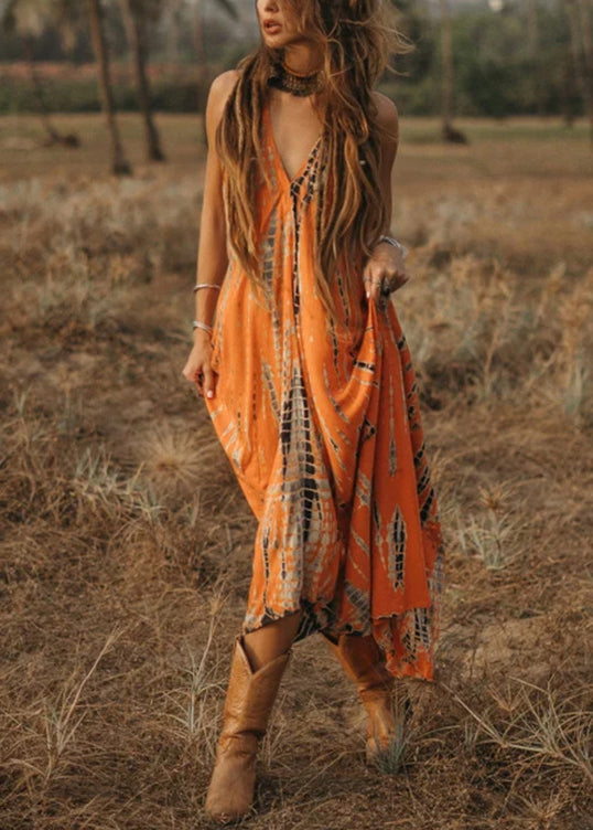 Bohemian Orange V Neck Print Cotton Long Dress Sleeveless