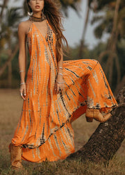 Bohemian Orange V Neck Print Cotton Long Dress Sleeveless