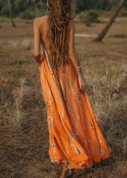 Bohemian Orange V Neck Print Cotton Long Dress Sleeveless