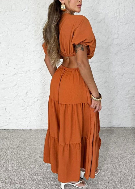 Bohemian Orange V Neck Wrinkled Side Open Cotton Dress Summer