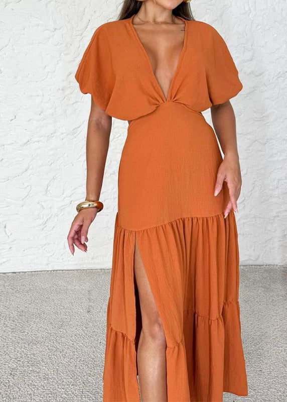 Bohemian Orange V Neck Wrinkled Side Open Cotton Dress Summer