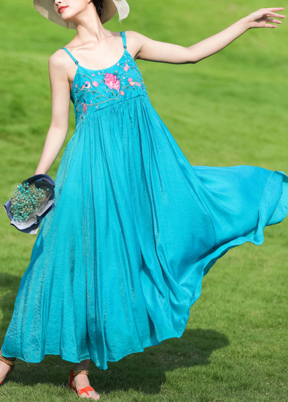 Bohemian Peacock Blue Embroideried Wrinkled Cotton Spaghetti Strap Dress Summer