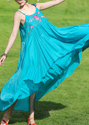 Bohemian Peacock Blue Embroideried Wrinkled Cotton Spaghetti Strap Dress Summer