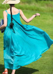 Bohemian Peacock Blue Embroidered Wrinkled Cotton Spaghetti Strap Dress Summer