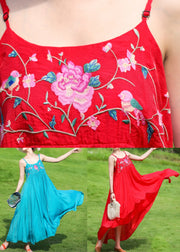 Bohemian Peacock Blue Embroidered Wrinkled Cotton Spaghetti Strap Dress Summer