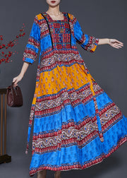 Bohemian Peacock Blue Print Exra Large Hem Silk Dresses Summer