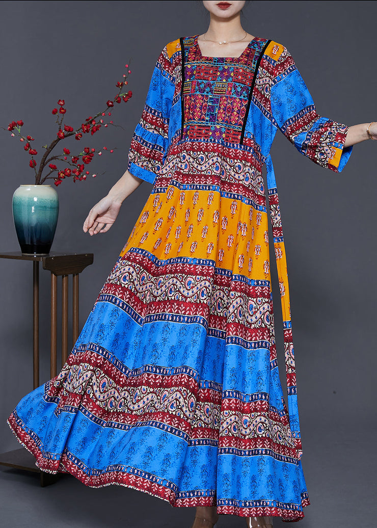 Bohemian Peacock Blue Print Exra Large Hem Silk Dresses Summer