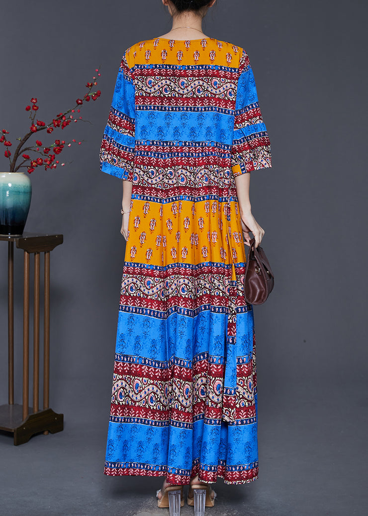 Bohemian Peacock Blue Print Exra Large Hem Silk Dresses Summer