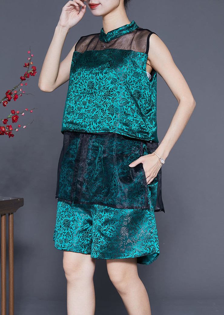 Bohemian Peacock Green Hollow Out Patchwork Silk 2 Piece Outfit Summer