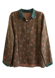 Bohemian Peter Pan Collar Print Button Linen Shirt Long Sleeve