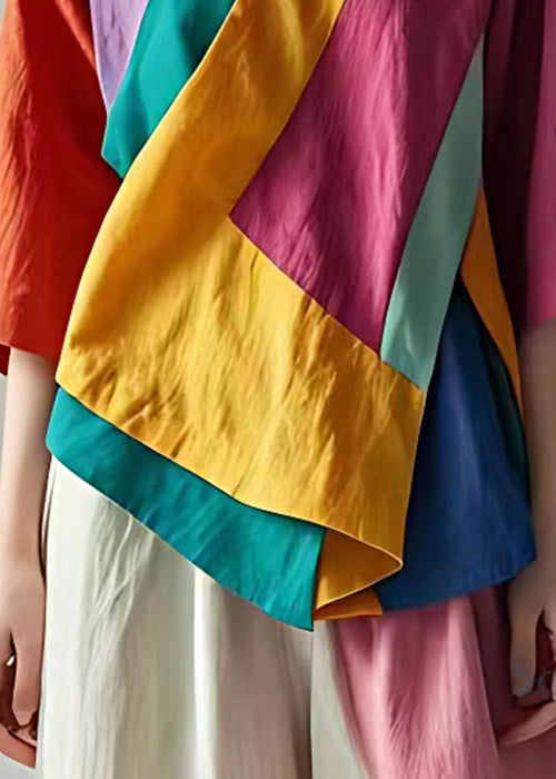 Bohemian Photo Color V Neck Patchwork Linen Tops Half Sleeve