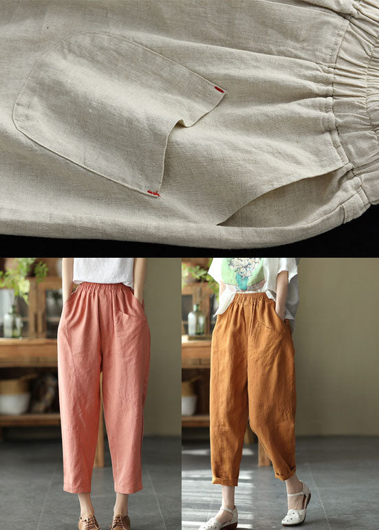 Bohemian Pink Elastic Waist Pockets Linen Crop Pants Summer