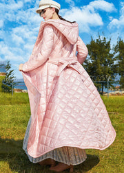 Bohemian Pink Hooded Lengthen Fine Cotton Filled Cinch Coats Winter