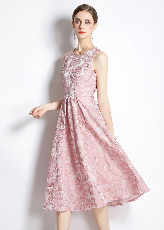 Bohemian Pink Jacquard Exra Large Hem Silk Holiday Dress Sleeveless