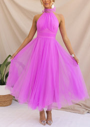 Bohemian Pink Lace Up Zippered Solid Tulle Dresses Sleeveless