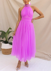 Bohemian Pink Lace Up Zippered Solid Tulle Dresses Sleeveless