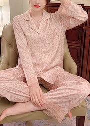 Bohemian Pink Leopard Lace Patchwork Ice Silk Pajamas Two Pieces Set Spring