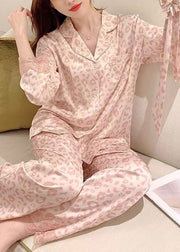 Bohemian Pink Leopard Lace Patchwork Ice Silk Pajamas Two Pieces Set Spring