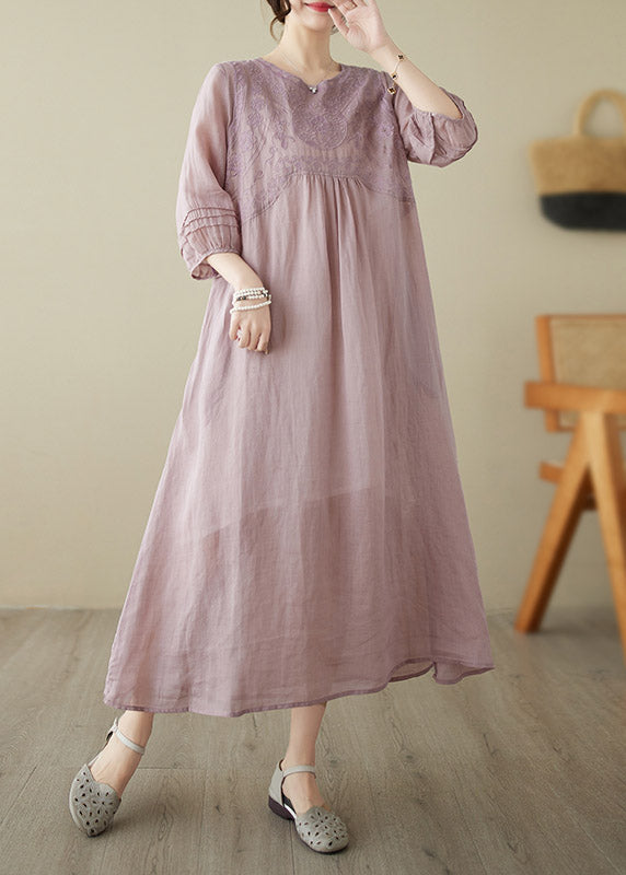 Bohemian Pink O-Neck Embroideried Patchwork Wrinkled Linen Long Dress Half Sleeve