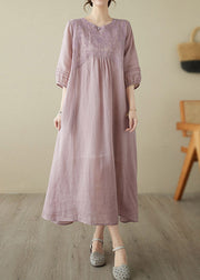 Bohemian Pink O-Neck Embroideried Patchwork Wrinkled Linen Long Dress Half Sleeve