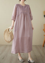 Bohemian Pink O-Neck Embroideried Patchwork Wrinkled Linen Long Dress Half Sleeve