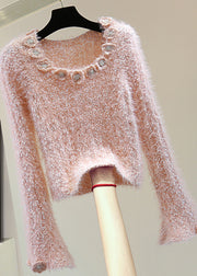 Bohemian Pink O-Neck Floral Ma Hai Mao Cotton Knit Sweaters Winter