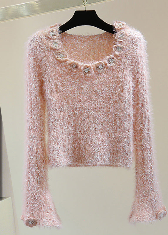 Bohemian Pink O-Neck Floral Ma Hai Mao Cotton Knit Sweaters Winter