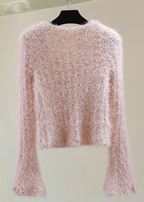 Bohemian Pink O-Neck Floral Ma Hai Mao Cotton Knit Sweaters Winter