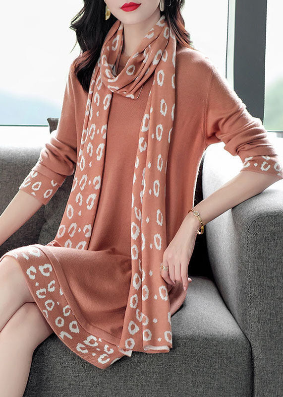 Bohemian Pink O-Neck Patchwork Scarf Long Knit Dress Long Sleeve