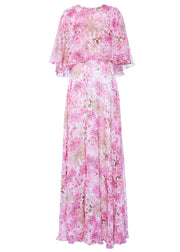 Bohemian Pink O Neck Print Chiffon Maxi Dresses Butterfly Sleeve