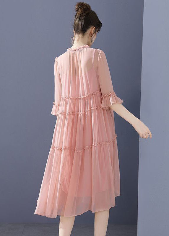 Bohemian Pink O-Neck Ruffled Patchwork Silk Mid Dresses Summer