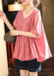 Bohemian Pink O-Neck Wrinkled Cotton Shirt Summer