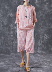 Bohemian Pink Oversized Patchwork Plaid Linen Two Pieces Set Summer