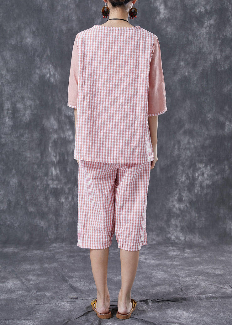 Bohemian Pink Oversized Patchwork Plaid Linen Two Pieces Set Summer