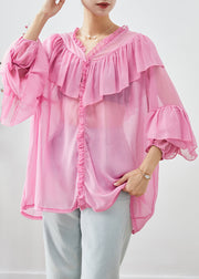 Bohemian Pink Oversized Patchwork Ruffles Chiffon Top Fall