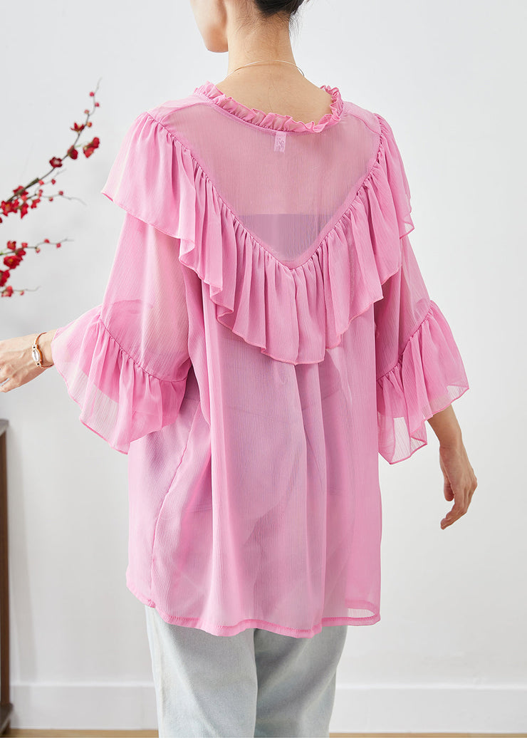 Bohemian Pink Oversized Patchwork Ruffles Chiffon Top Fall