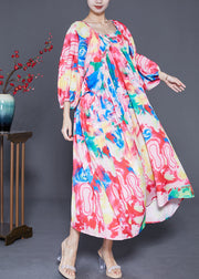 Bohemian Pink Oversized Print Chiffon Beach Dresses Lantern Sleeve