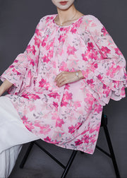 Bohemian Pink Oversized Print Chiffon Shirt Top Flare Sleeve