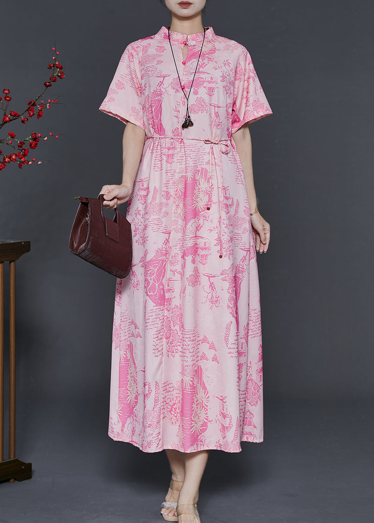 Bohemian Pink Print Cotton Chinese Style Dress Summer