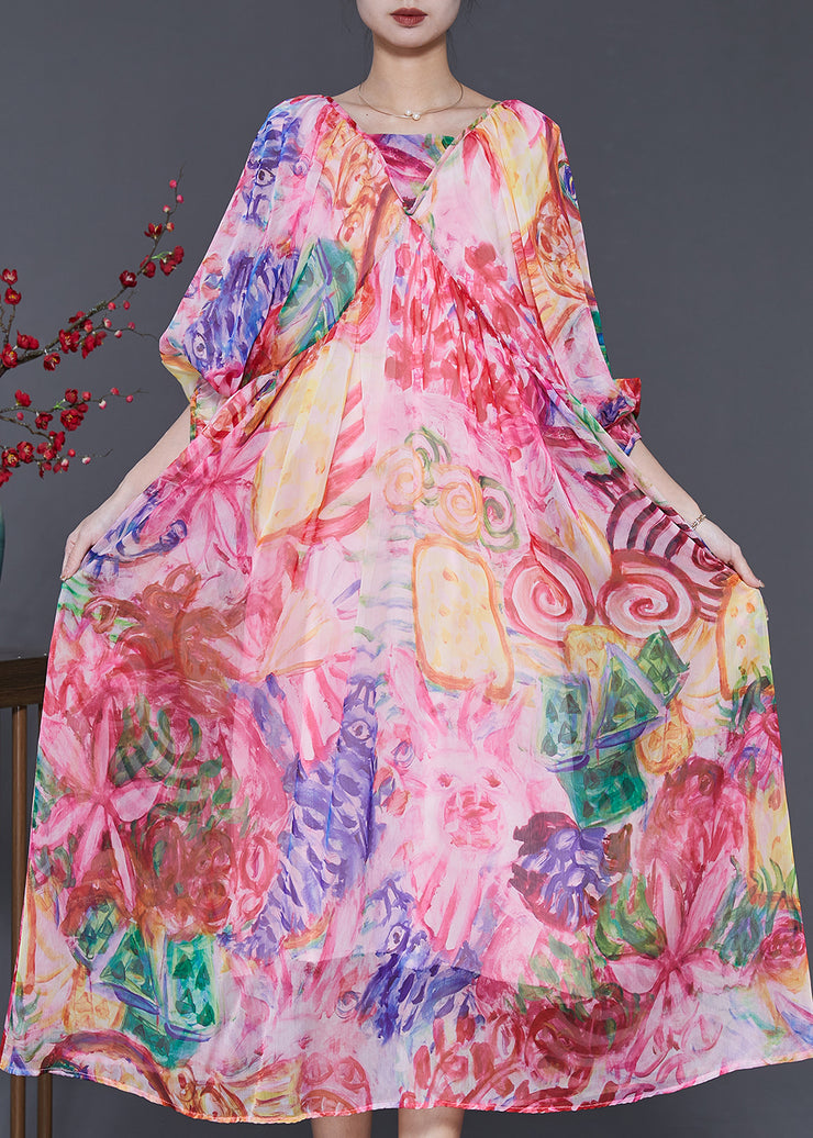 Bohemian Pink Print Exra Large Hem Chiffon Dresses Lantern Sleeve