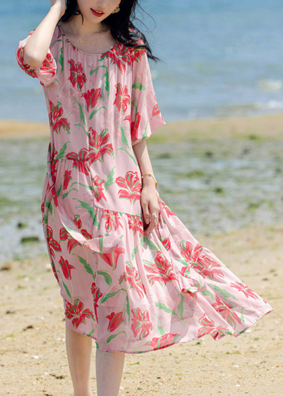 Bohemian Pink Print Patchwork Chiffon Long Holiday Dress Summer