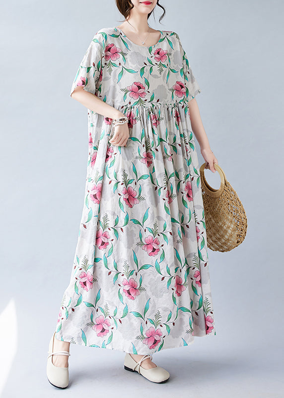 Bohemian Pink Print Patchwork Holiday Long Dress Short Sleeve