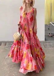 Bohemian Pink Print Wrinkled Patchwork Strap Dress Summer