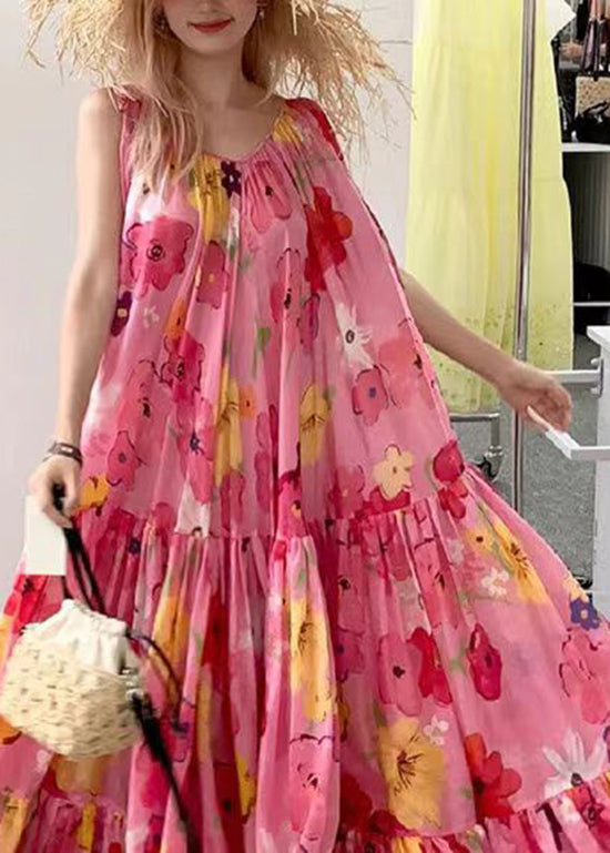 Bohemian Pink Print Wrinkled Patchwork Strap Dress Summer