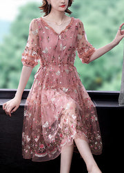 Bohemian Pink Ruffled Embroideried Exra Large Hem Tulle Cinched Dress Summer