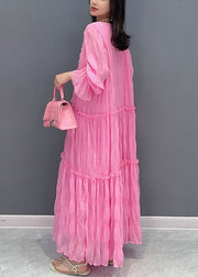 Bohemian Pink Ruffled Lace Up Patchwork Chiffon Long Dress Summer