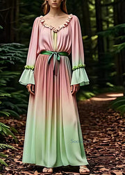 Bohemian Pink Ruffled Patchwork Silk Maxi Dress Fall