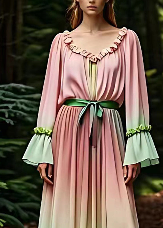 Bohemian Pink Ruffled Patchwork Silk Maxi Dress Fall