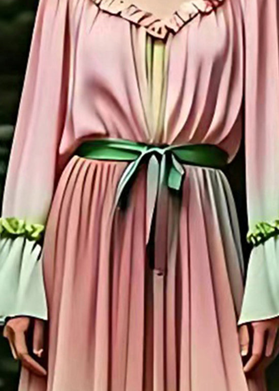 Bohemian Pink Ruffled Patchwork Silk Maxi Dress Fall